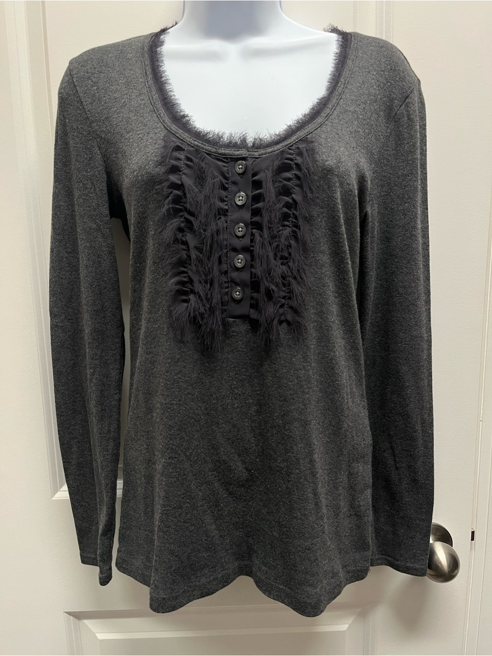 Banana Republic Gray Ruffle Fringe Bib Long Sleeve Top size small